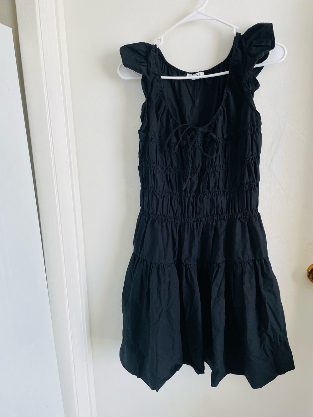 Black Smocked Tiered Midi Dress with Ruffle Shoulders